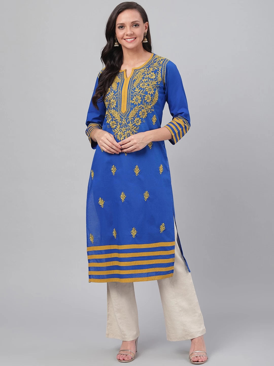 Ada Hand Embroidered Royal Blue Cotton Lucknowi Chikankari Straight Kurta A135582