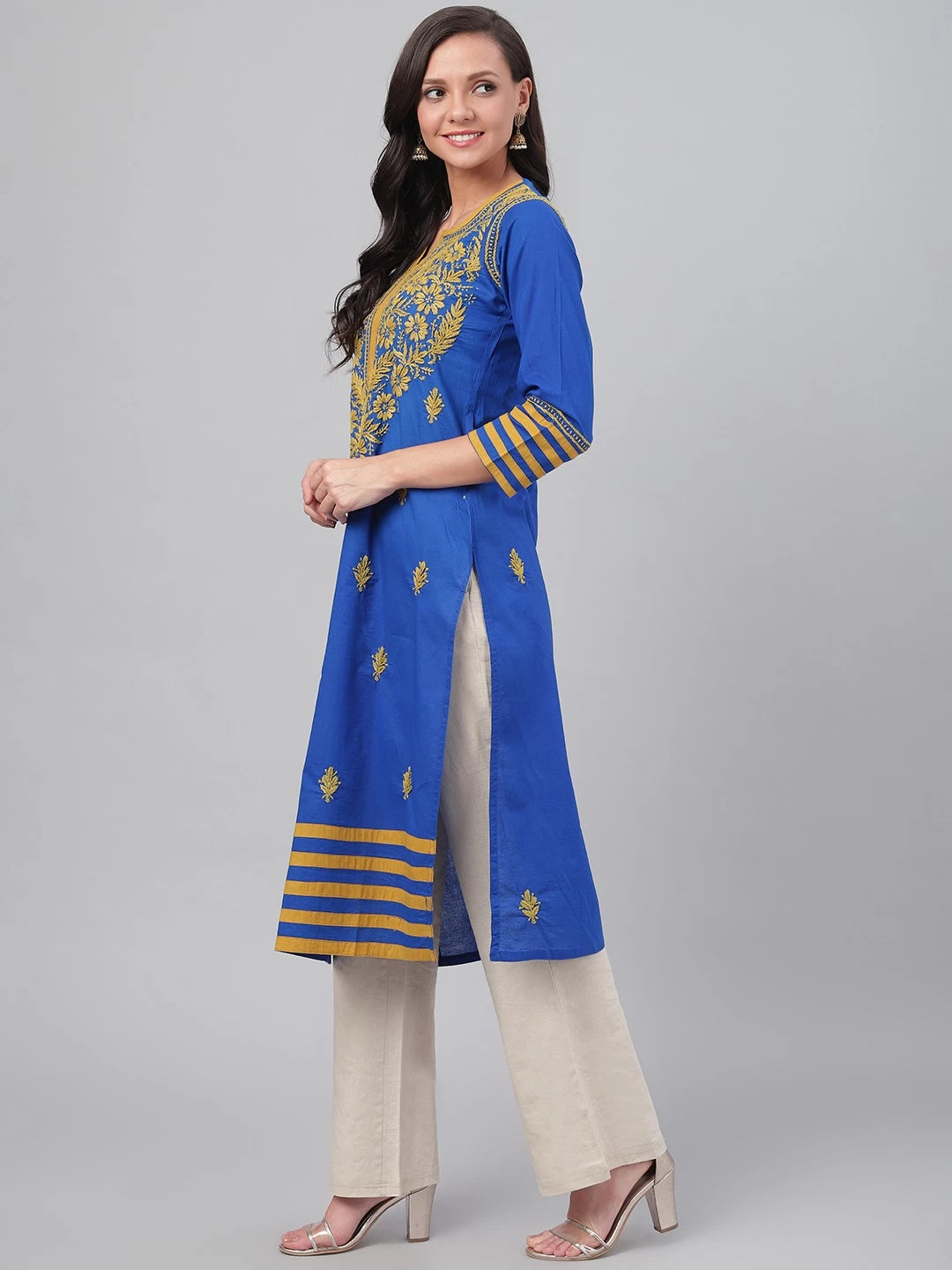 Ada Hand Embroidered Royal Blue Cotton Lucknowi Chikankari Straight Kurta A135582