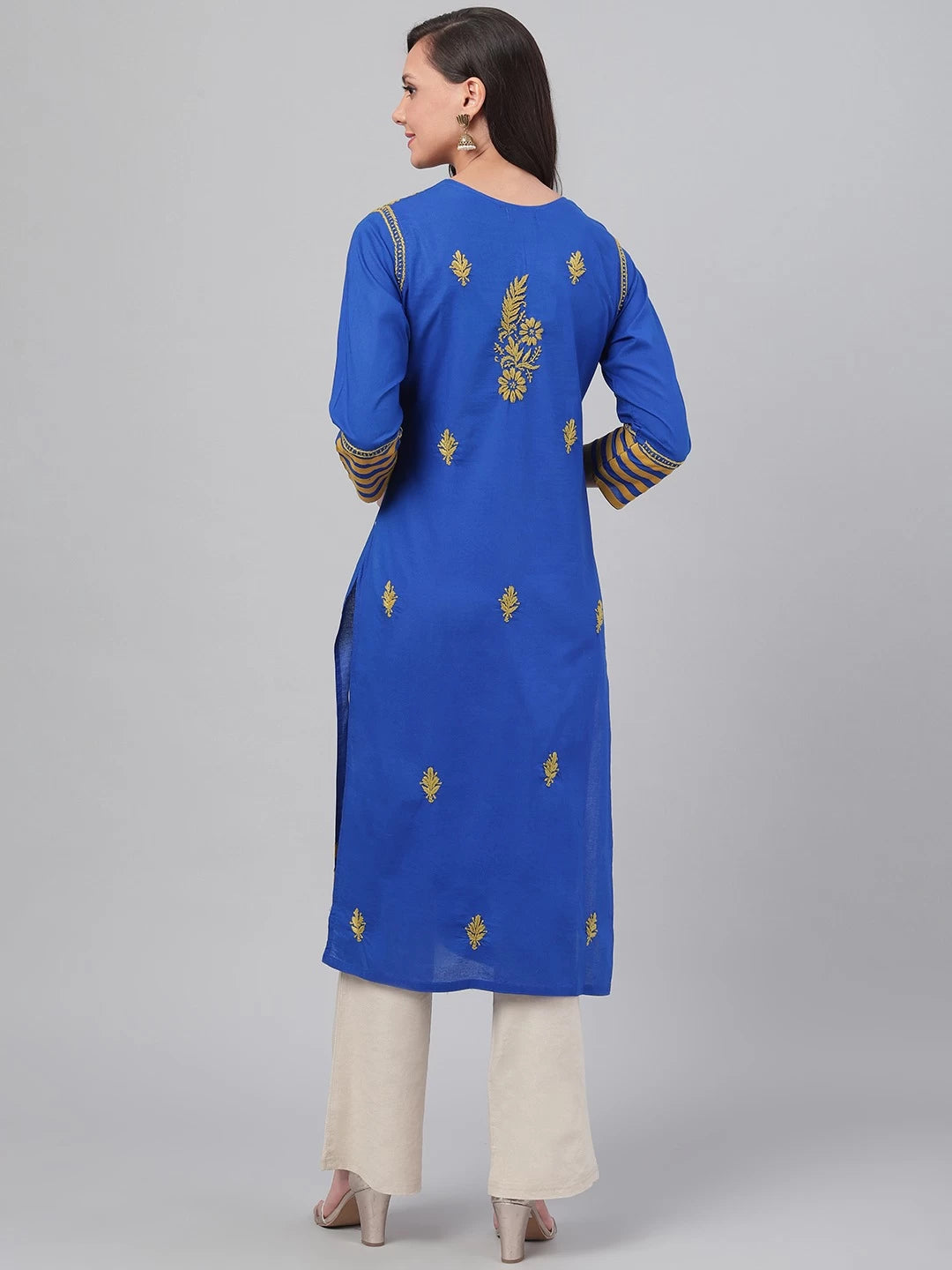 Ada Hand Embroidered Royal Blue Cotton Lucknowi Chikankari Straight Kurta A135582
