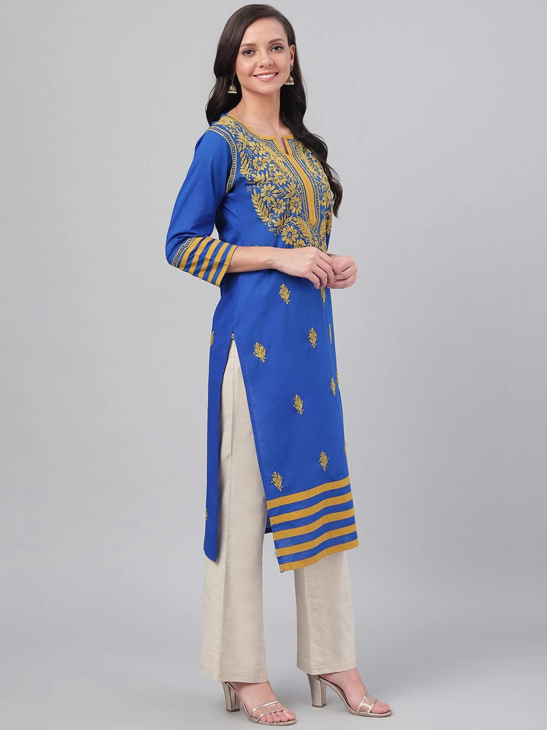 Ada Hand Embroidered Royal Blue Cotton Lucknowi Chikankari Straight Kurta A135582
