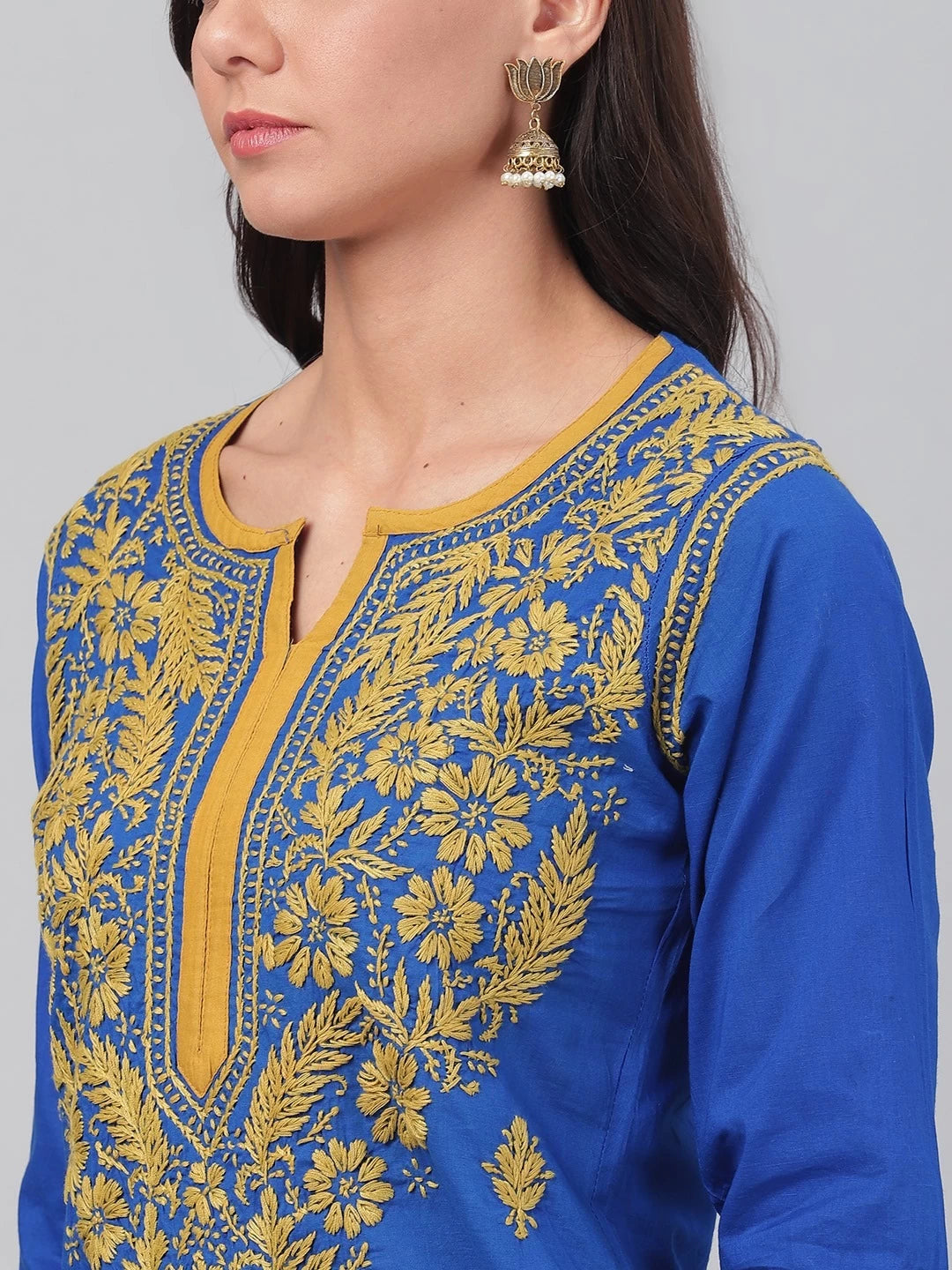 Ada Hand Embroidered Royal Blue Cotton Lucknowi Chikankari Straight Kurta A135582