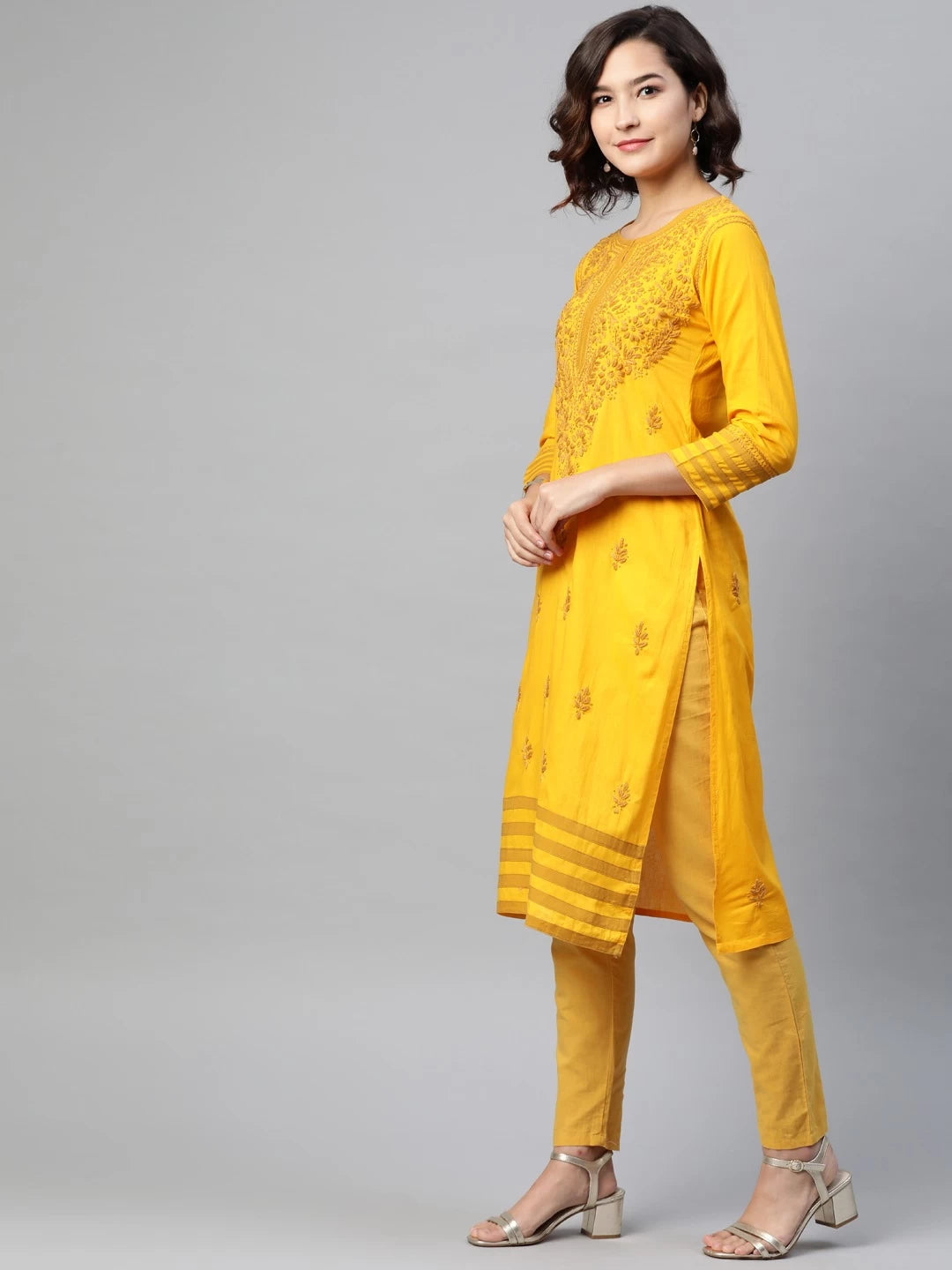 Ada Hand Embroidered Mustard Cotton Lucknowi Chikankari Straight Kurta A223150
