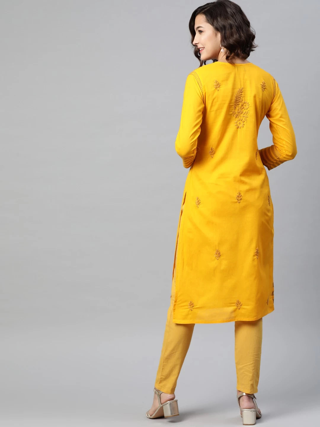 Ada Hand Embroidered Mustard Cotton Lucknowi Chikankari Straight Kurta A223150