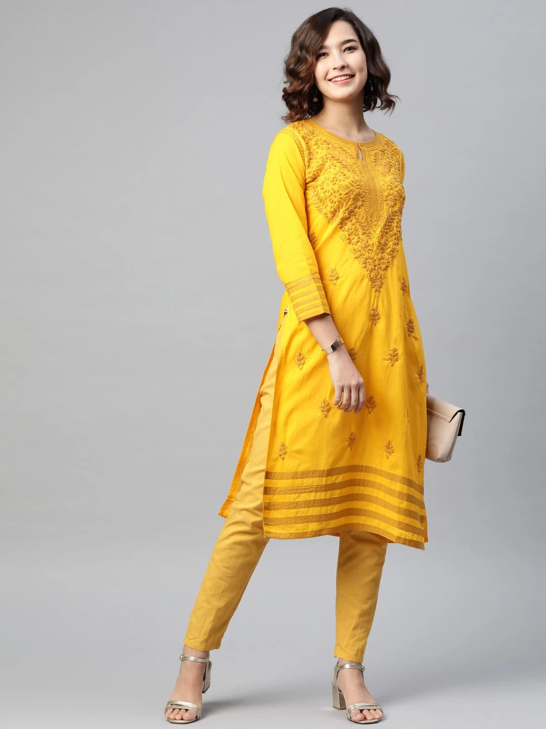 Ada Hand Embroidered Mustard Cotton Lucknowi Chikankari Straight Kurta A223150
