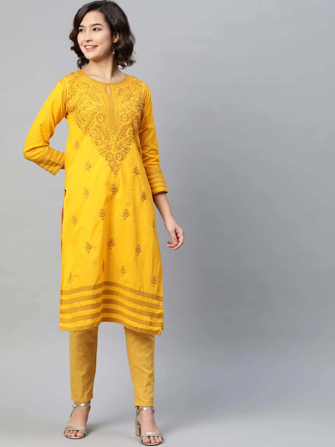 Ada Hand Embroidered Mustard Cotton Lucknowi Chikankari Straight Kurta A223150