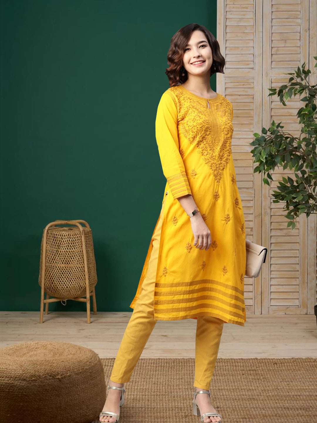 Ada Hand Embroidered Mustard Cotton Lucknowi Chikankari Straight Kurta A223150