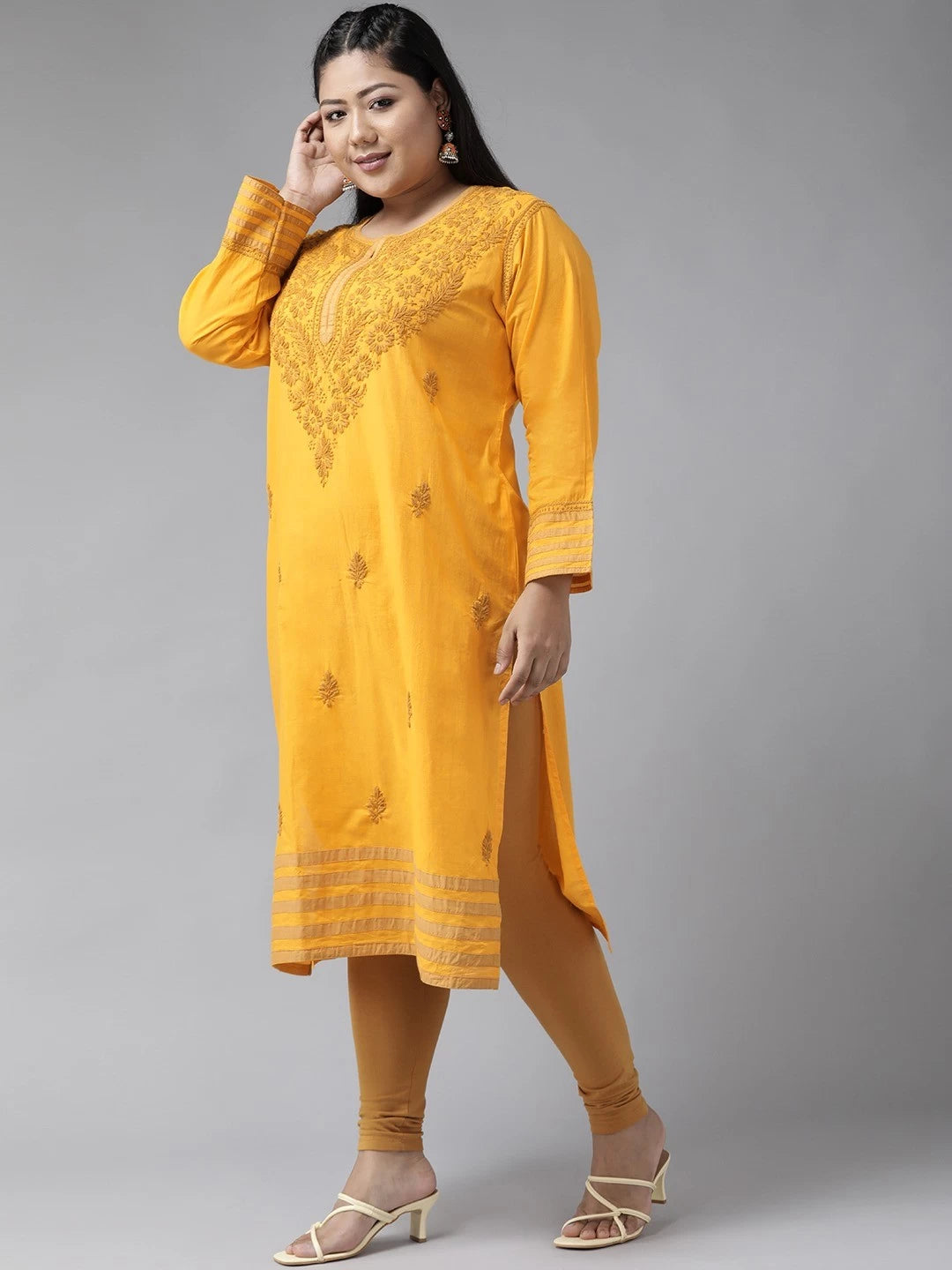 Ada Hand Embroidered Mustard Cotton Lucknowi Chikankari Straight Kurta A223150