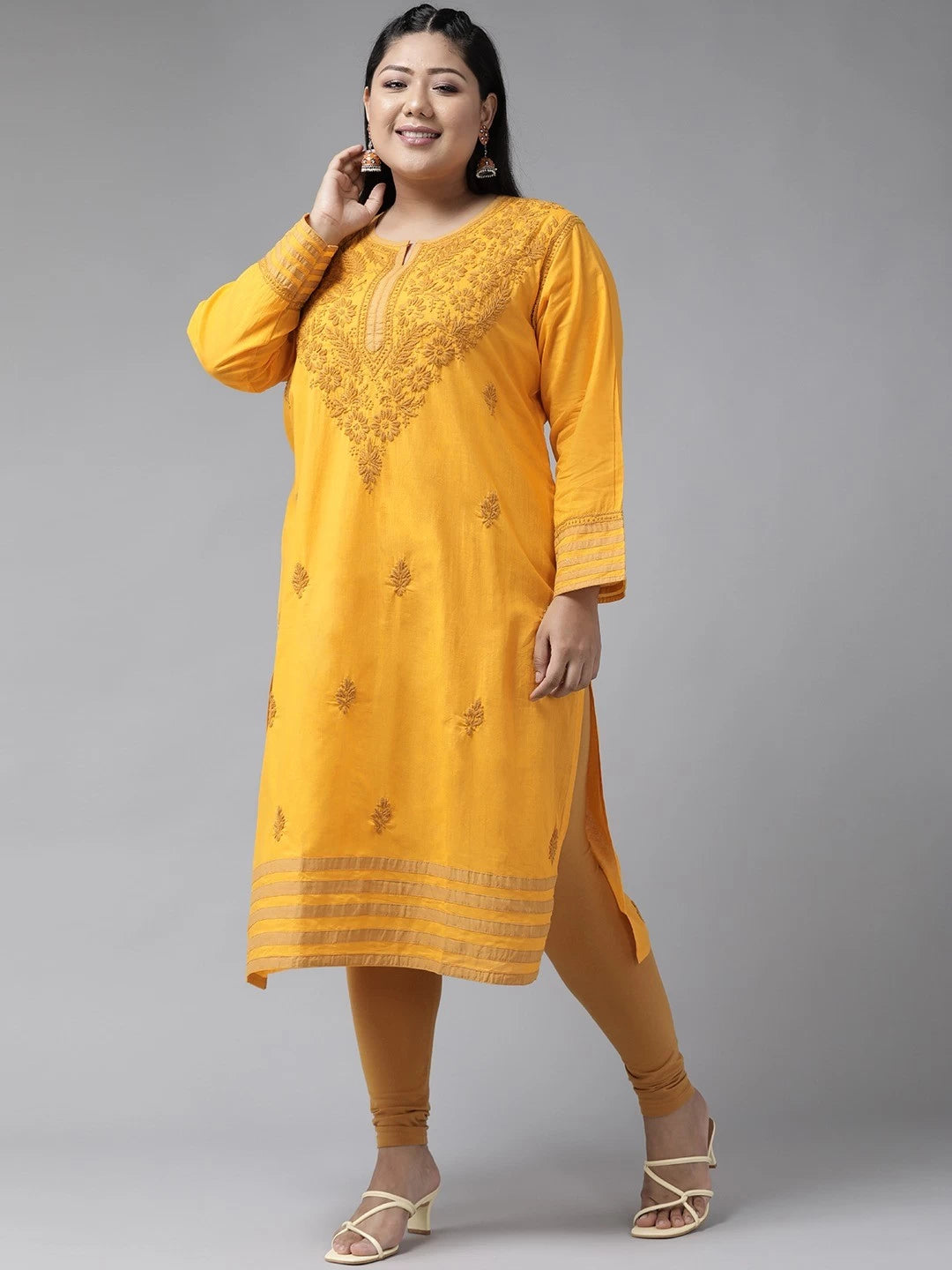 Ada Hand Embroidered Mustard Cotton Lucknowi Chikankari Straight Kurta A223150