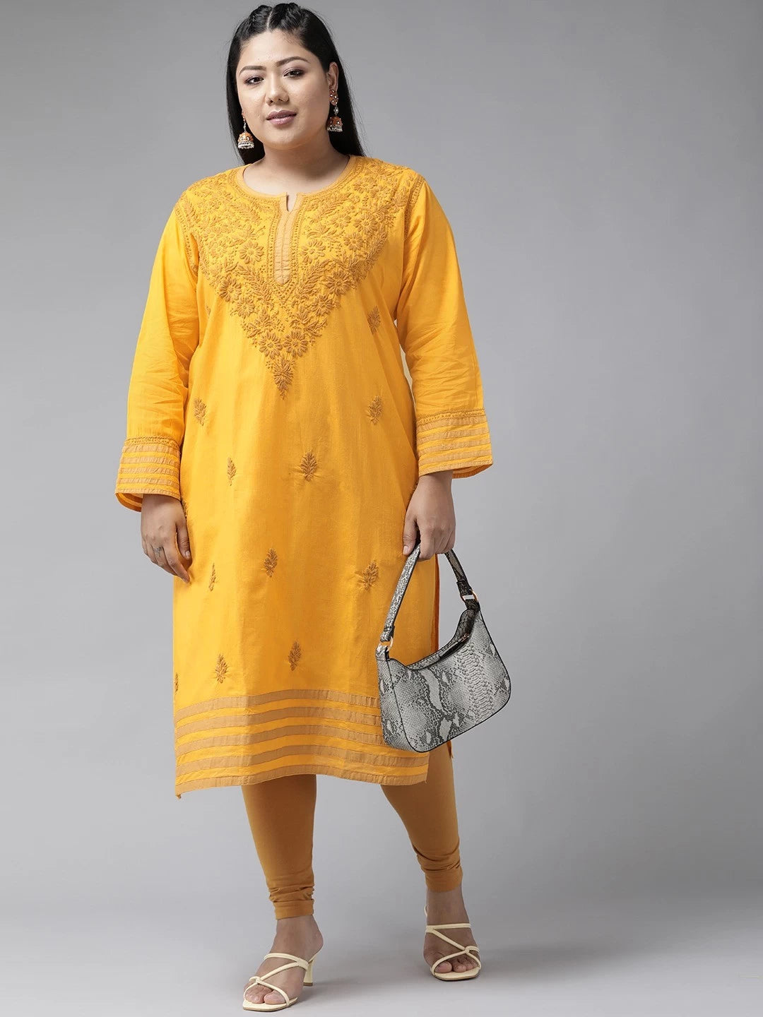 Ada Hand Embroidered Mustard Cotton Lucknowi Chikankari Straight Kurta A223150
