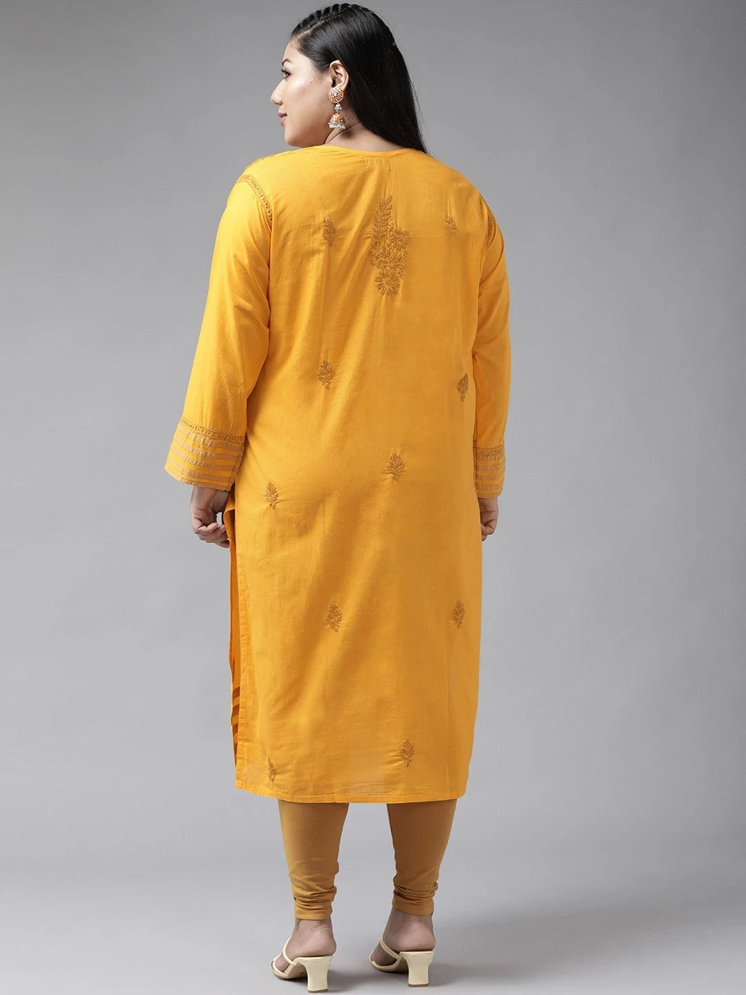 Ada Hand Embroidered Mustard Cotton Lucknowi Chikankari Straight Kurta A223150