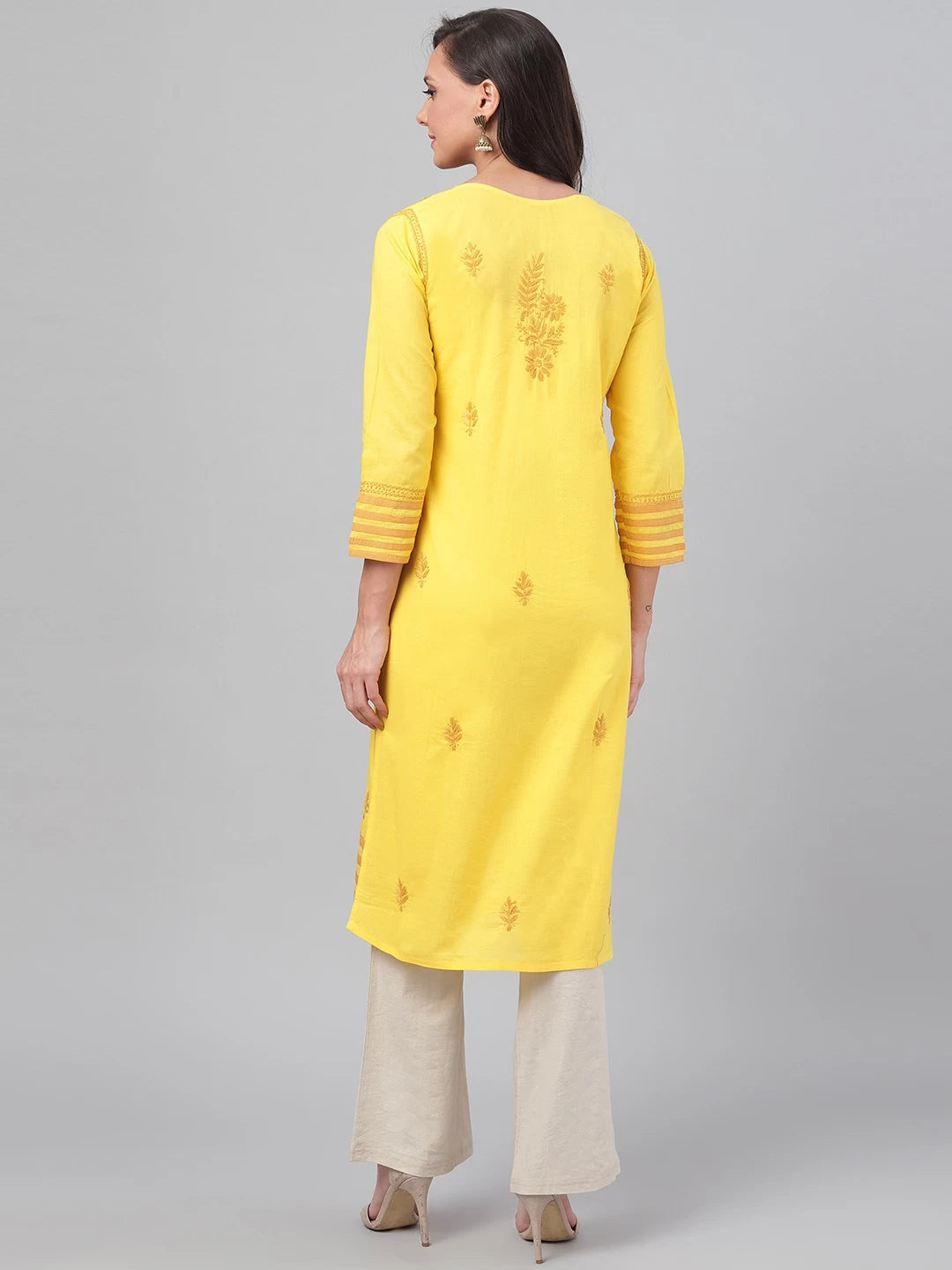 Ada Hand Embroidered Yellow Cotton Lucknowi Chikankari Straight Kurta A135641