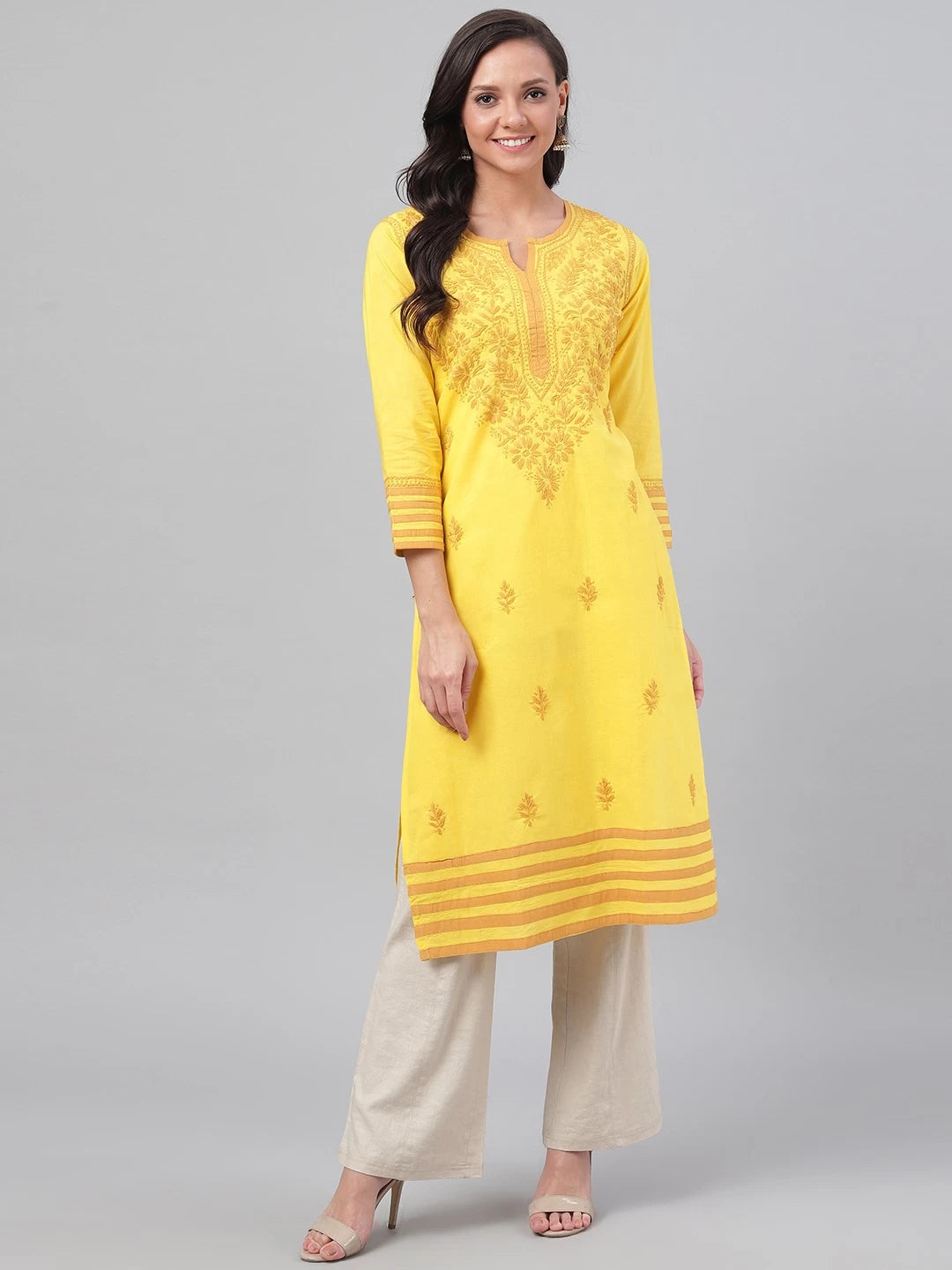 Ada Hand Embroidered Yellow Cotton Lucknowi Chikankari Straight Kurta A135641