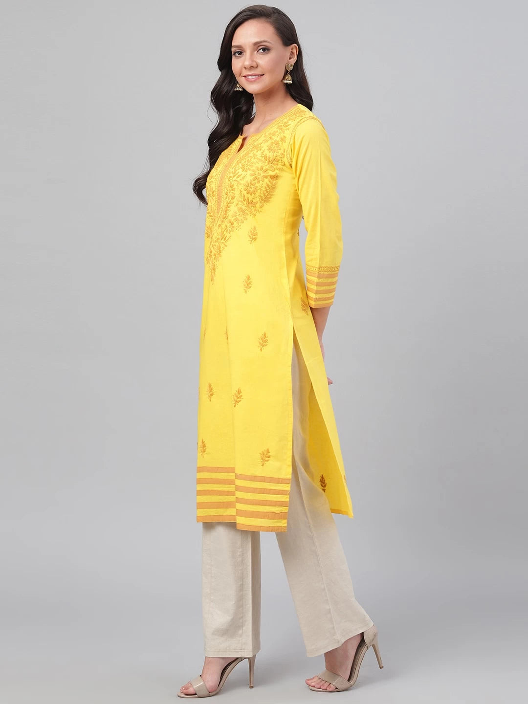 Ada Hand Embroidered Yellow Cotton Lucknowi Chikankari Straight Kurta A135641