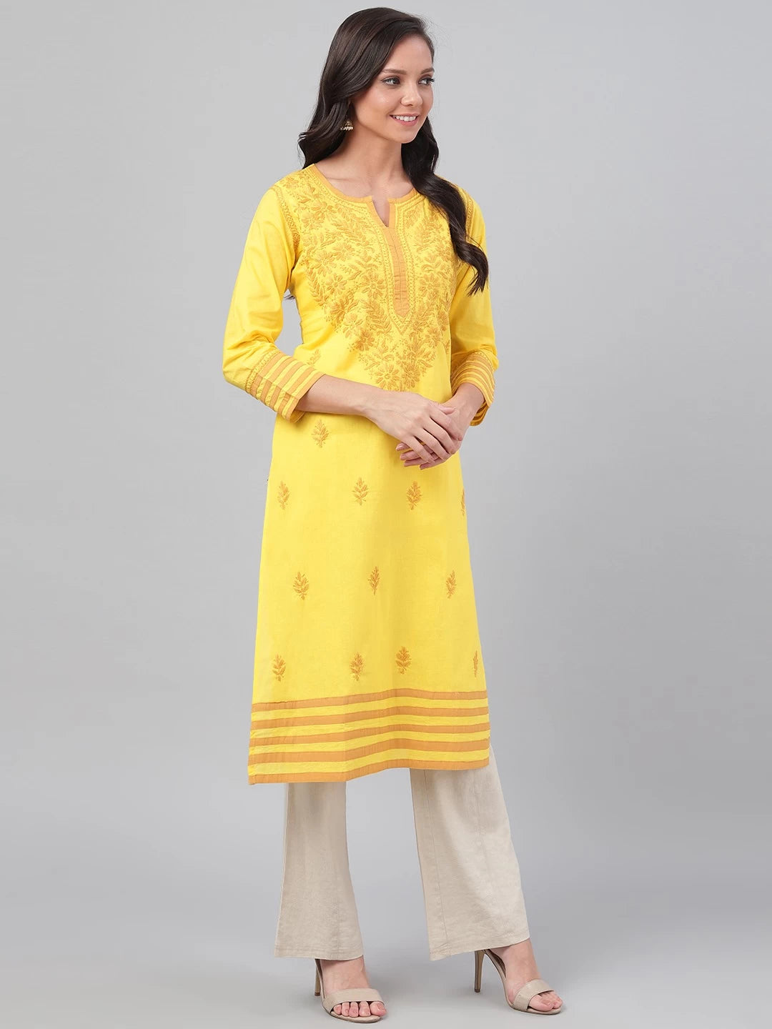 Ada Hand Embroidered Yellow Cotton Lucknowi Chikankari Straight Kurta A135641