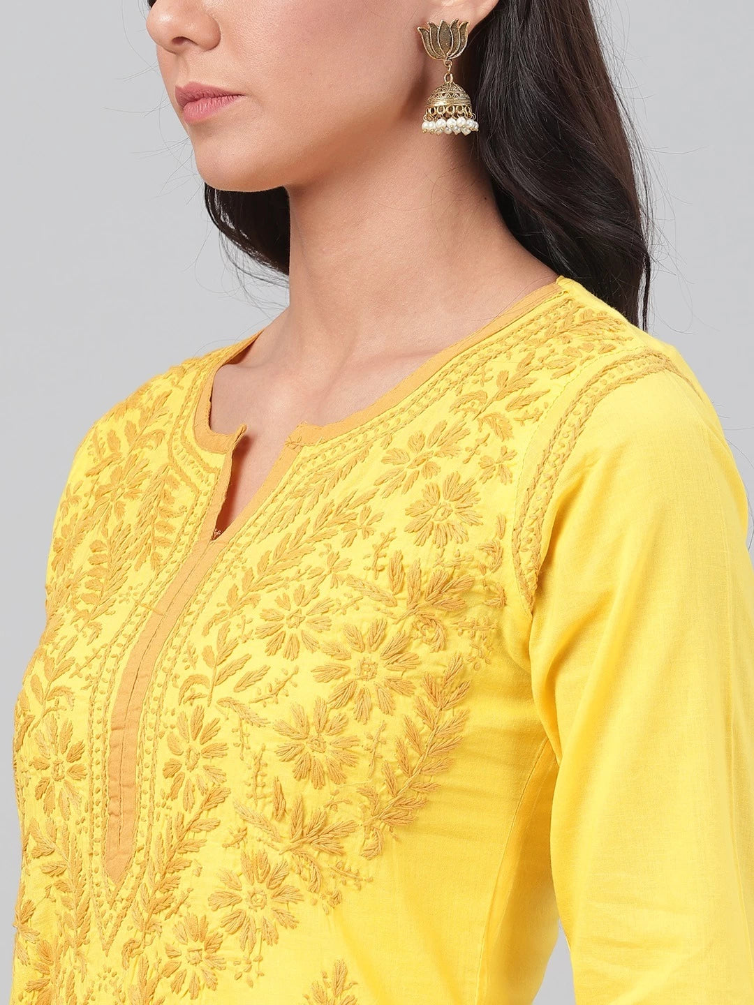 Ada Hand Embroidered Yellow Cotton Lucknowi Chikankari Straight Kurta A135641