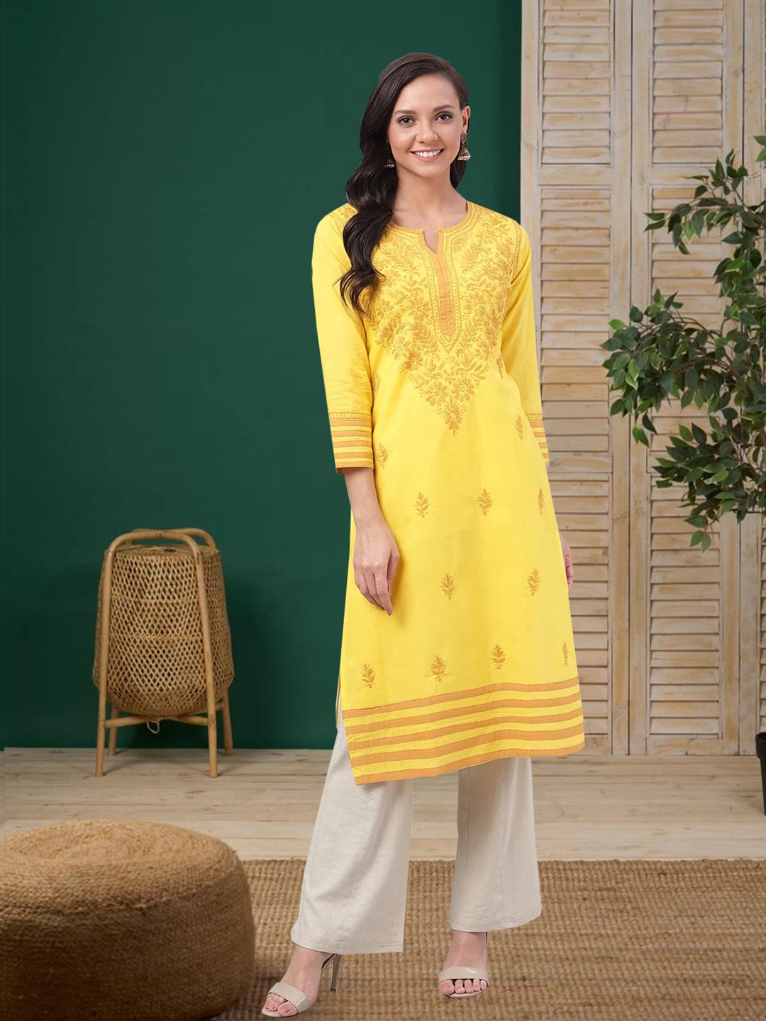 Ada Hand Embroidered Yellow Cotton Lucknowi Chikankari Straight Kurta A135641