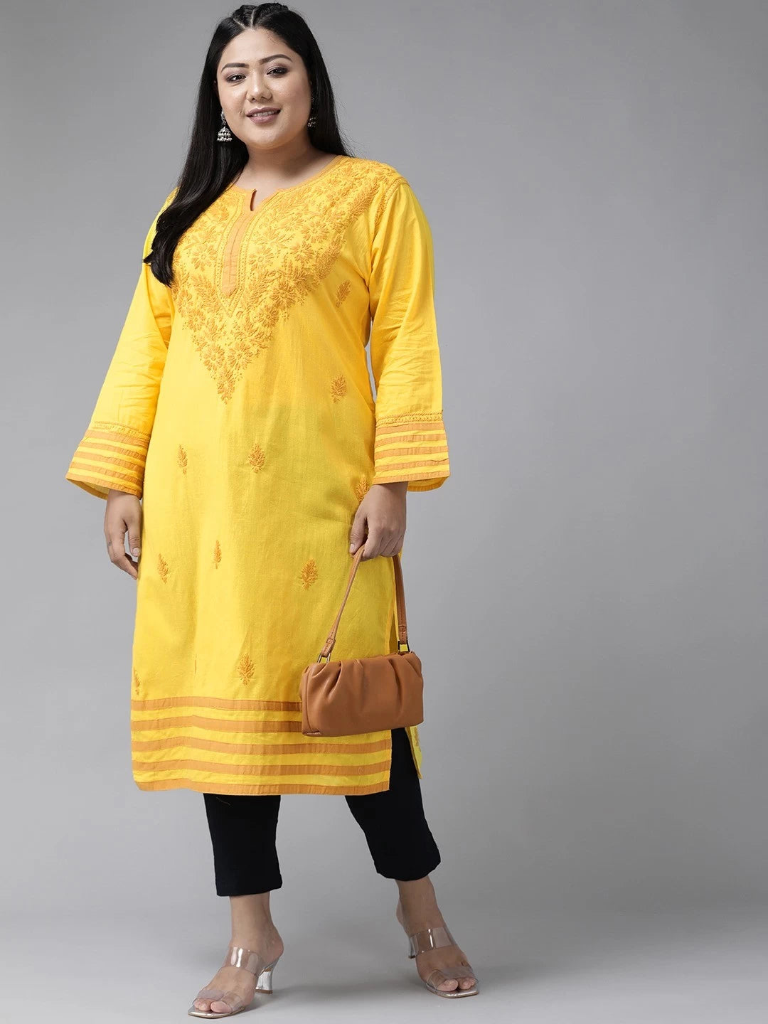 Ada Hand Embroidered Yellow Cotton Lucknowi Chikankari Straight Kurta A135641