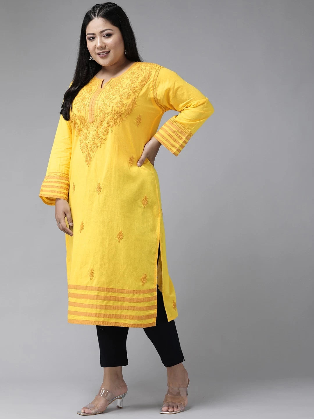 Ada Hand Embroidered Yellow Cotton Lucknowi Chikankari Straight Kurta A135641