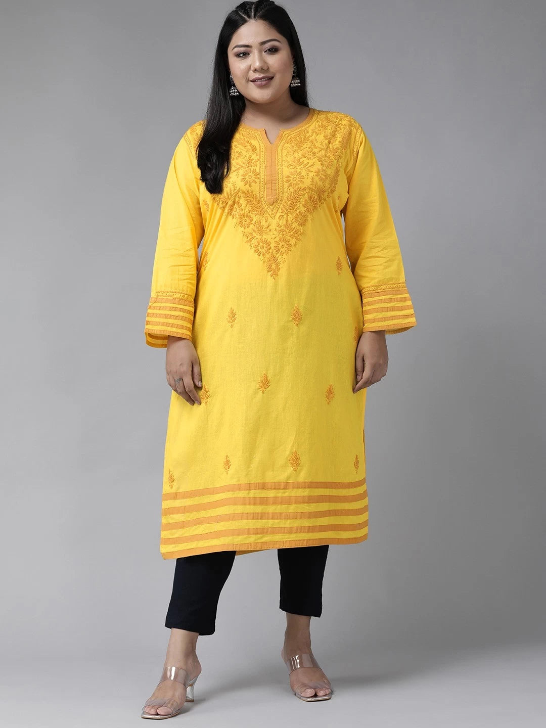 Ada Hand Embroidered Yellow Cotton Lucknowi Chikankari Straight Kurta A135641