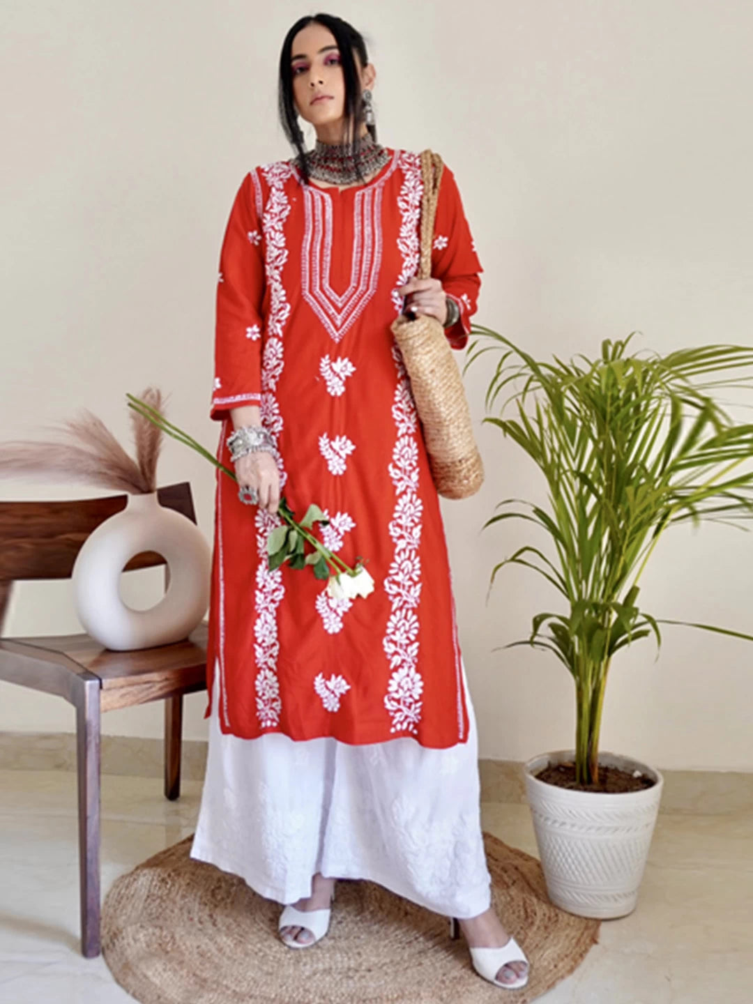 Ada Hand Embroidered Red Modal Lucknowi Chikankari Straight Kurta A411462