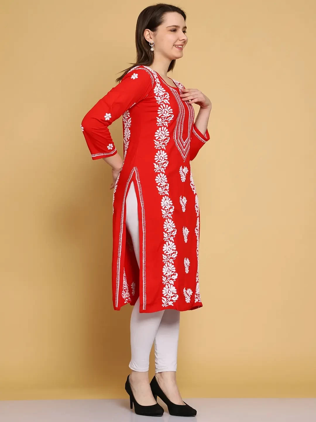 Ada Hand Embroidered Red Modal Lucknowi Chikankari Straight Kurta A411462