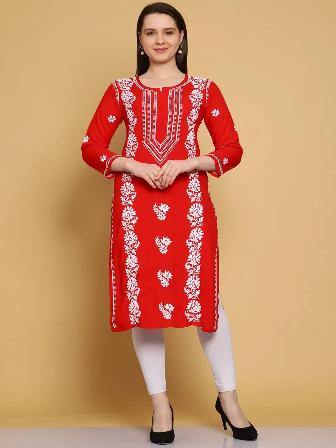 Ada Hand Embroidered Red Modal Lucknowi Chikankari Straight Kurta A411462