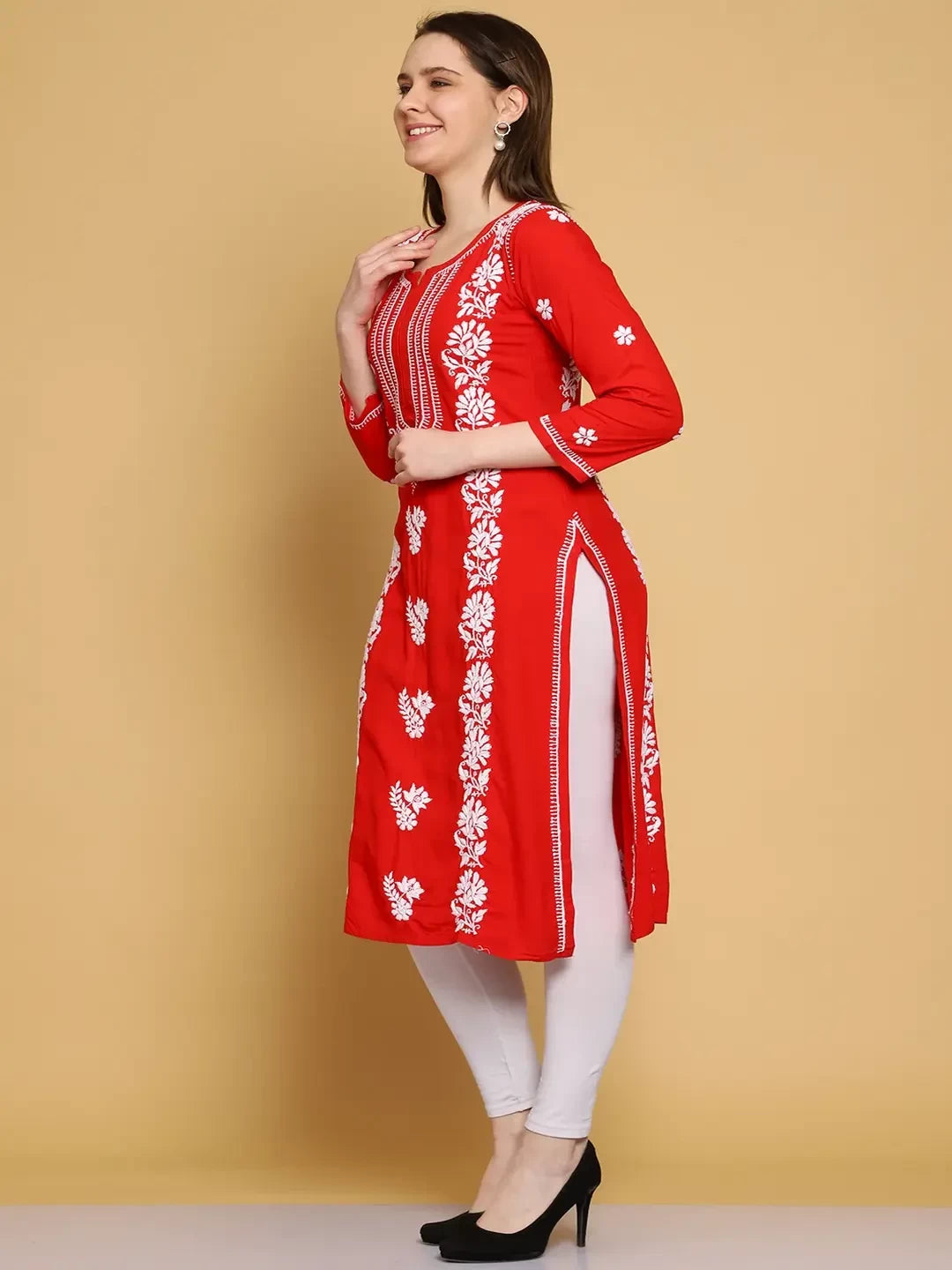 Ada Hand Embroidered Red Modal Lucknowi Chikankari Straight Kurta A411462