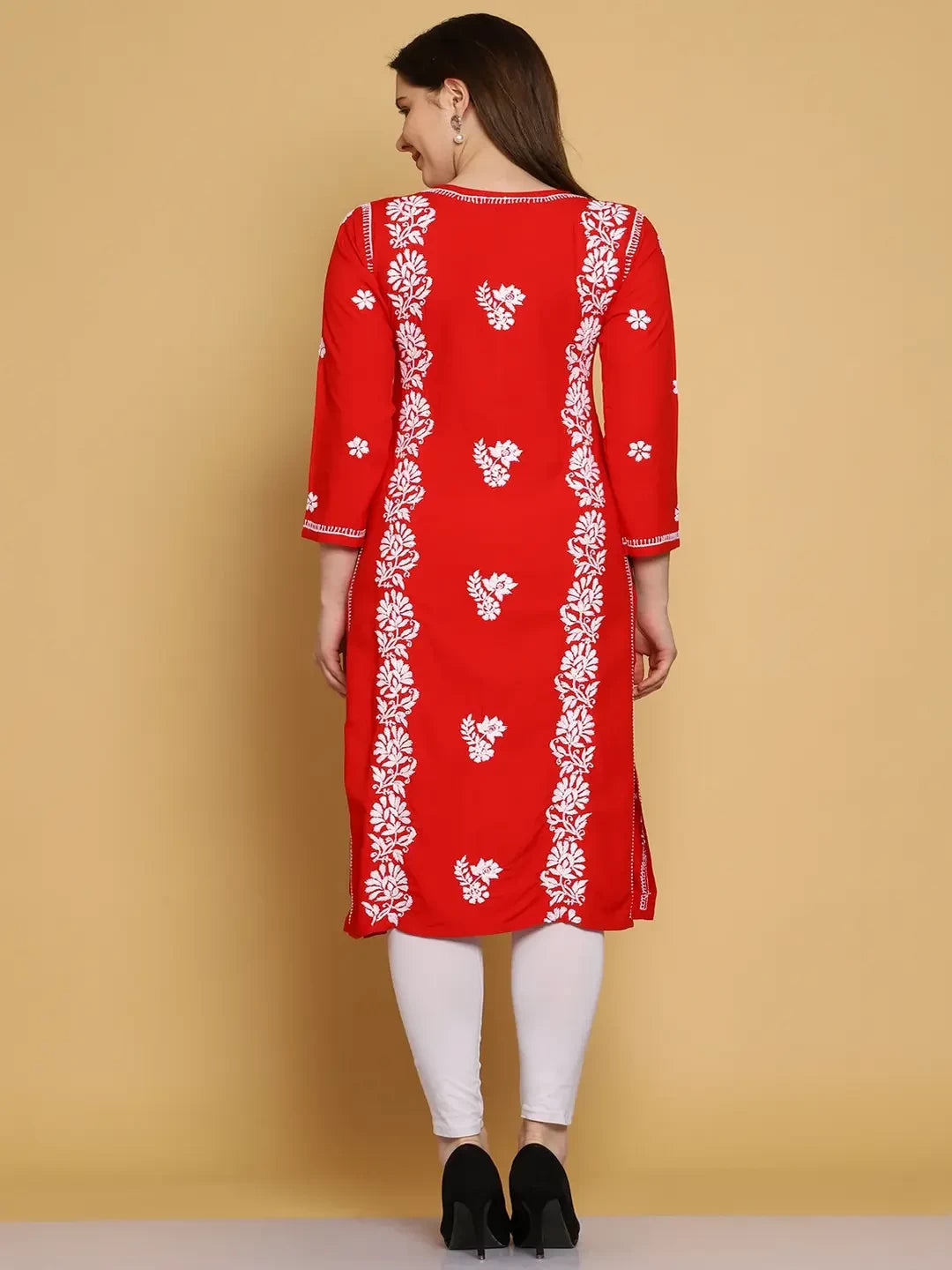 Ada Hand Embroidered Red Modal Lucknowi Chikankari Straight Kurta A411462