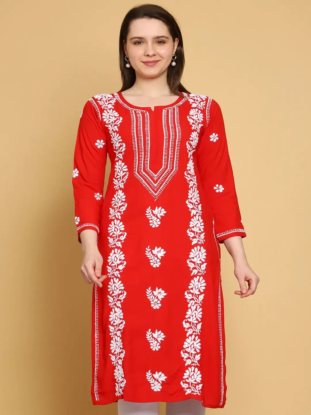 Ada Hand Embroidered Red Modal Lucknowi Chikankari Straight Kurta A411462