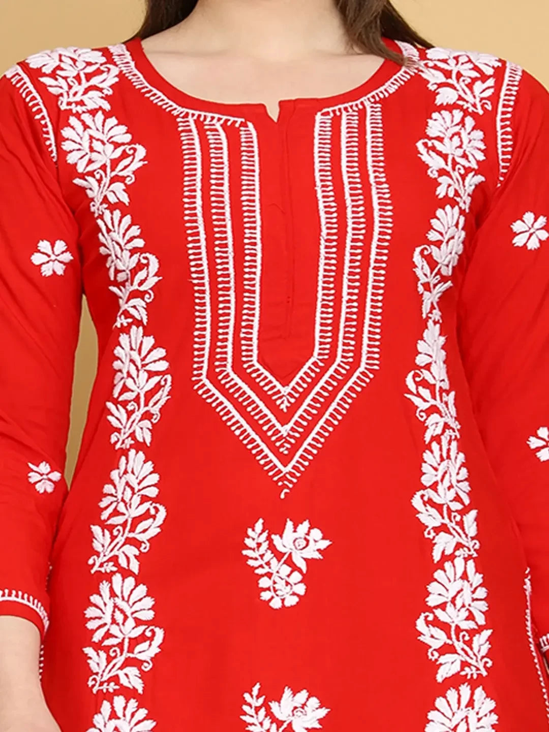Ada Hand Embroidered Red Modal Lucknowi Chikankari Straight Kurta A411462