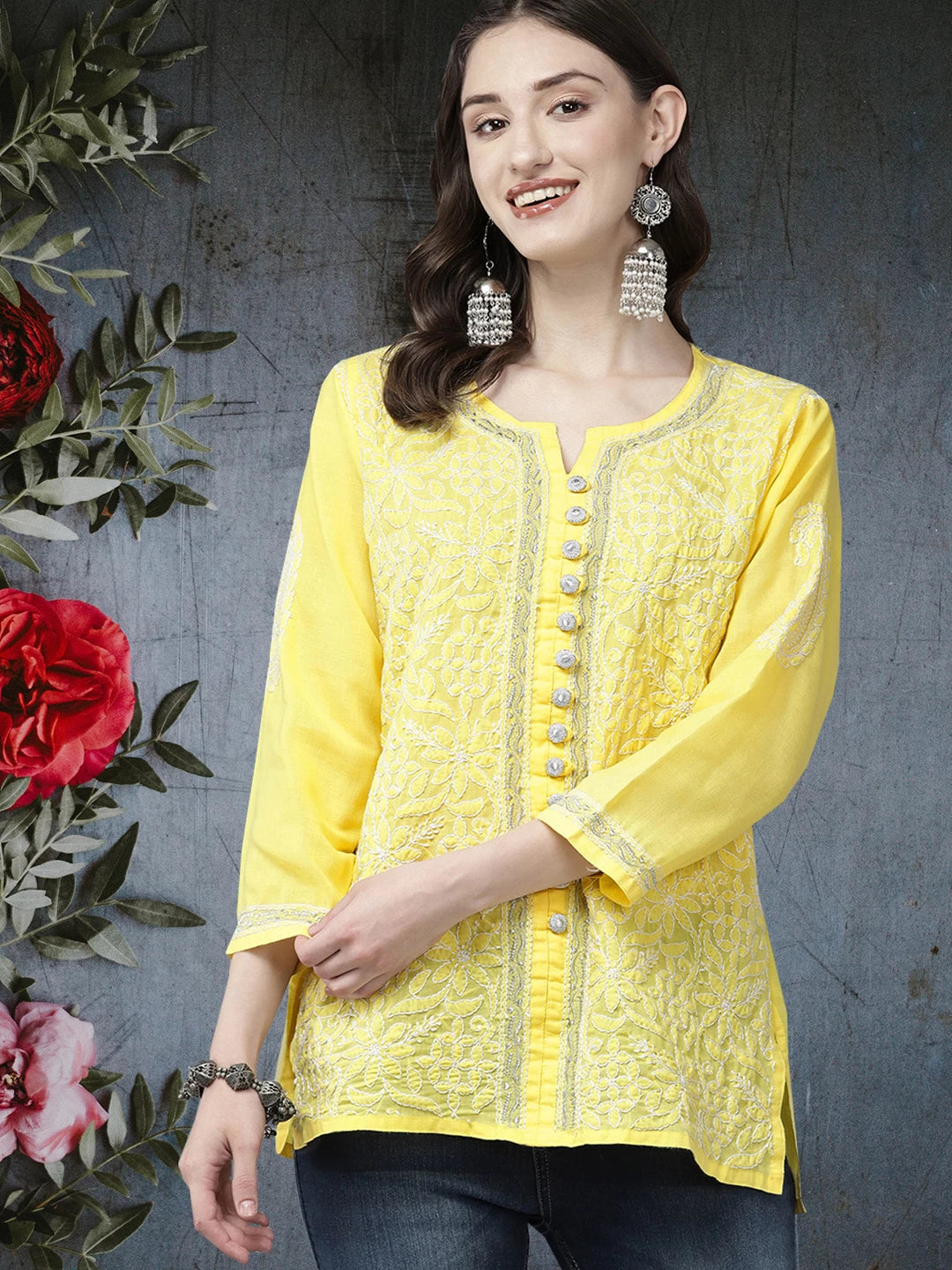 Ada Hand Embroidered Yellow Cotton Lucknowi Chikankari Straight Kurti With Zari Work A911320