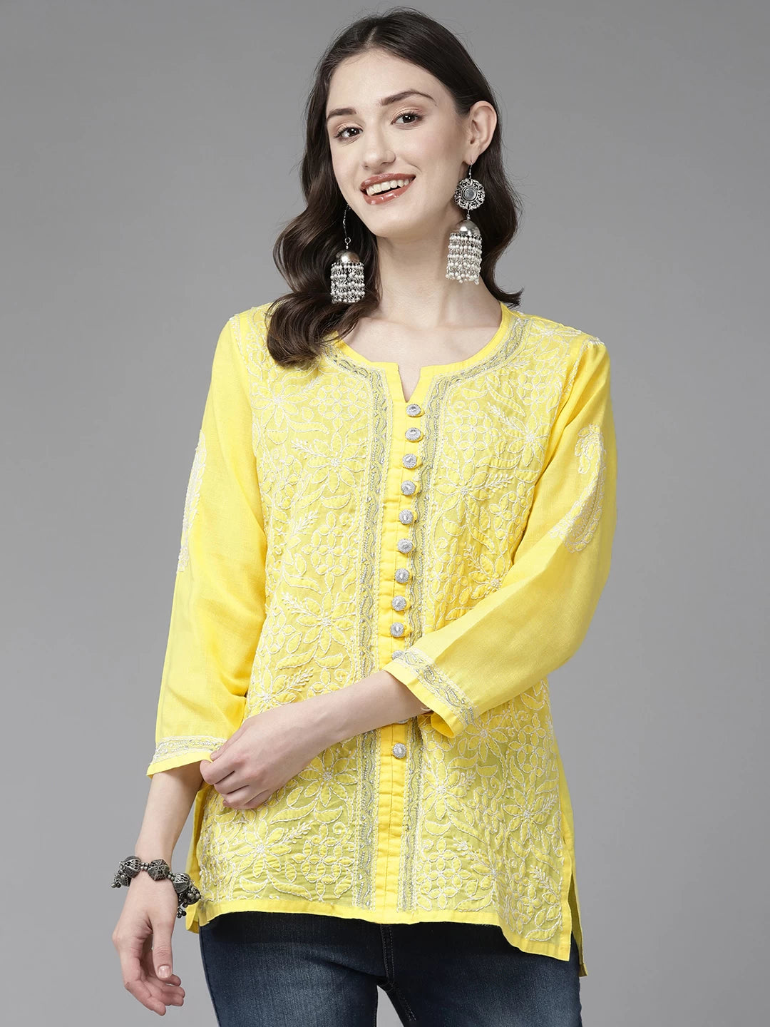 Ada Hand Embroidered Yellow Cotton Lucknowi Chikankari Straight Kurti With Zari Work A911320