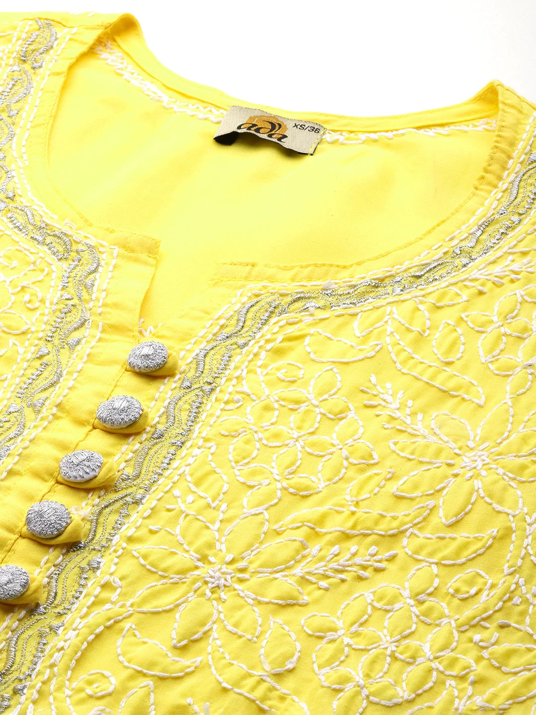 Ada Hand Embroidered Yellow Cotton Lucknowi Chikankari Straight Kurti With Zari Work A911320