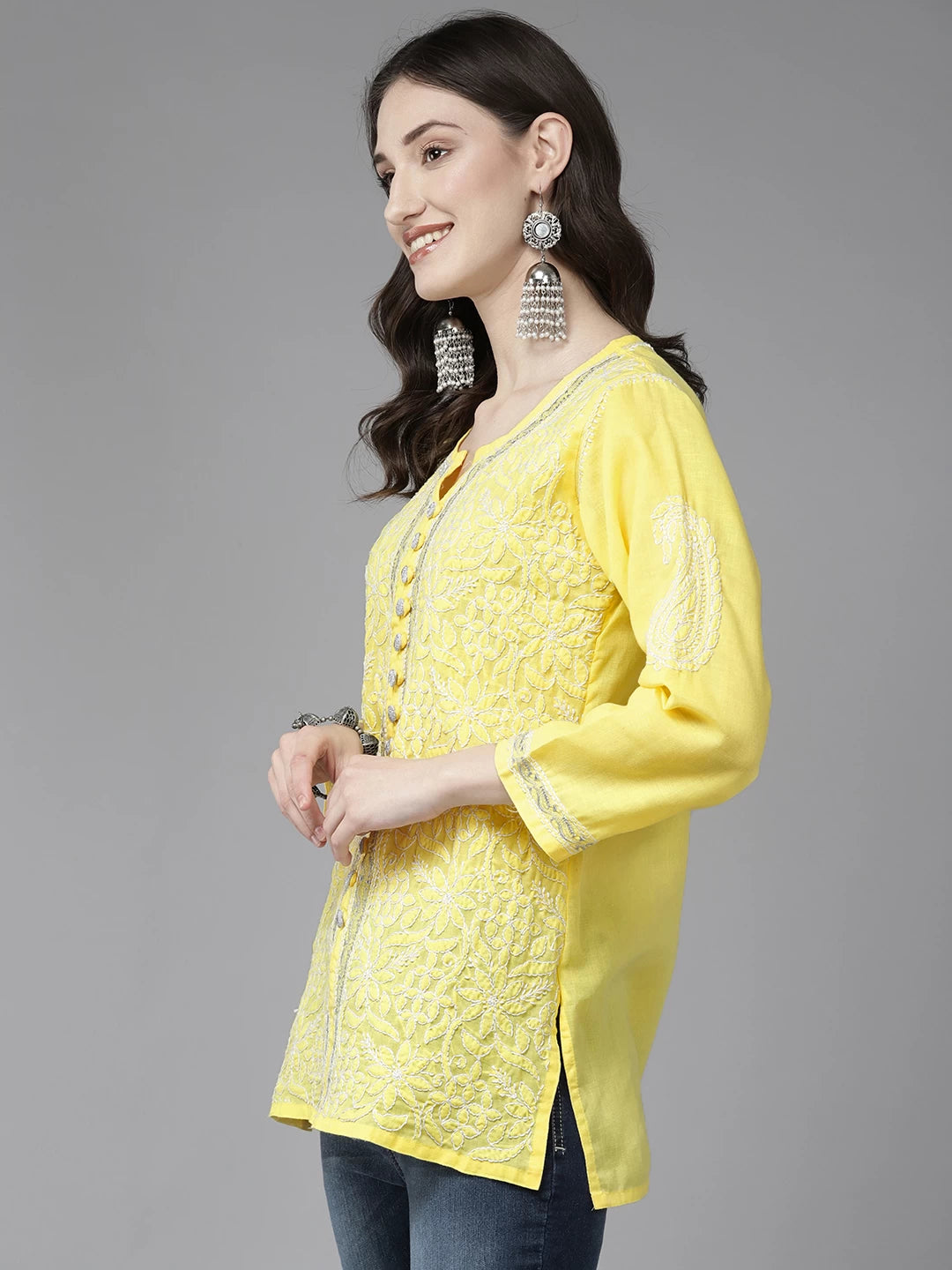 Ada Hand Embroidered Yellow Cotton Lucknowi Chikankari Straight Kurti With Zari Work A911320