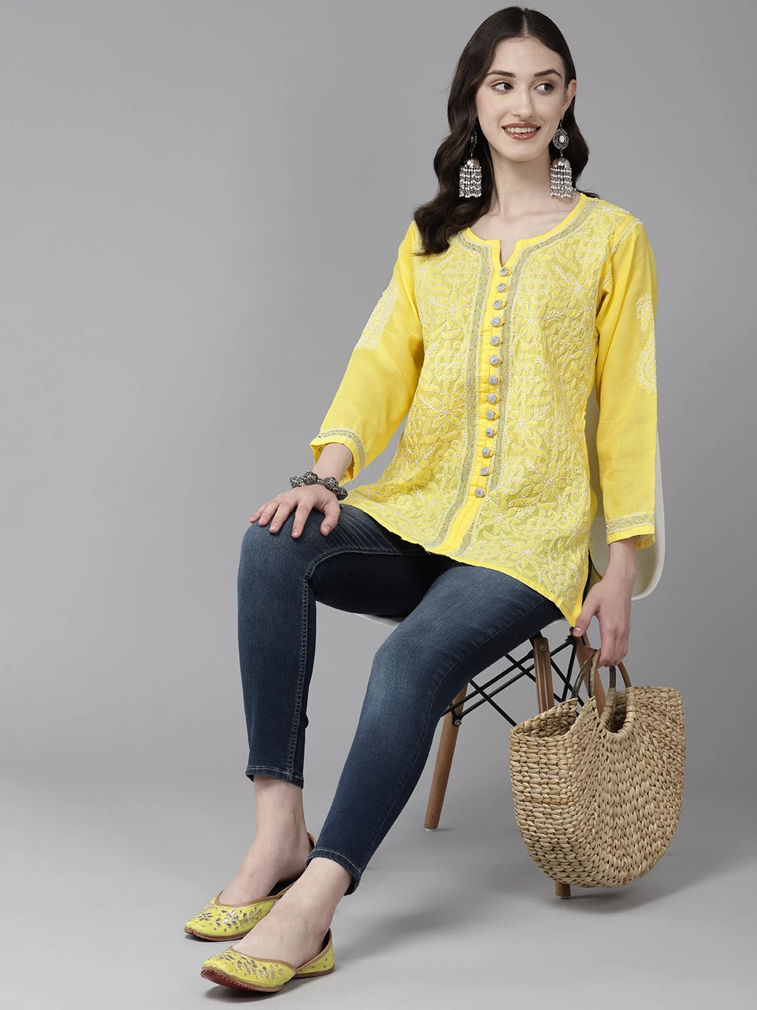 Ada Hand Embroidered Yellow Cotton Lucknowi Chikankari Straight Kurti With Zari Work A911320