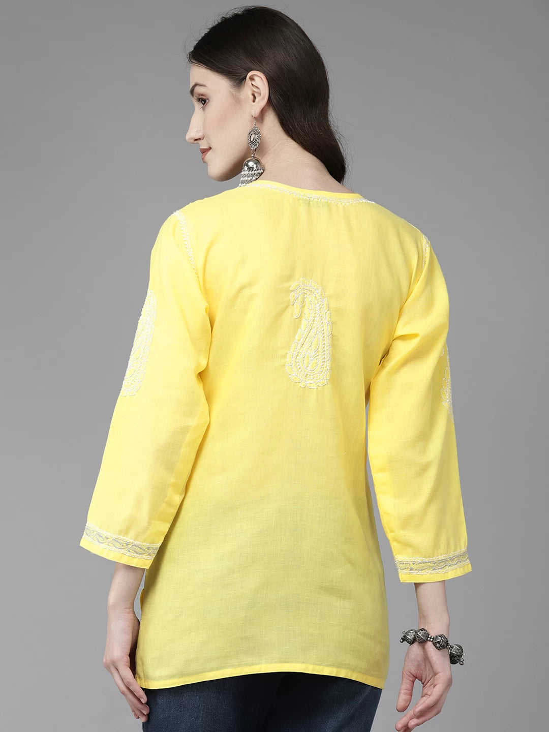 Ada Hand Embroidered Yellow Cotton Lucknowi Chikankari Straight Kurti With Zari Work A911320