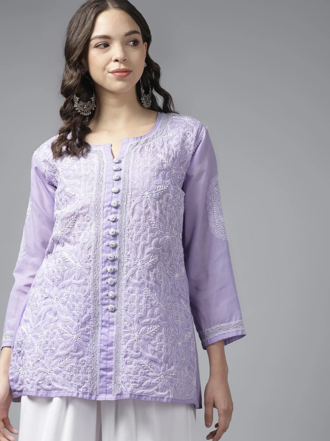 Ada Hand Embroidered Mauve Cotton Lucknowi Chikankari Short Kurti With Zari Work A911197