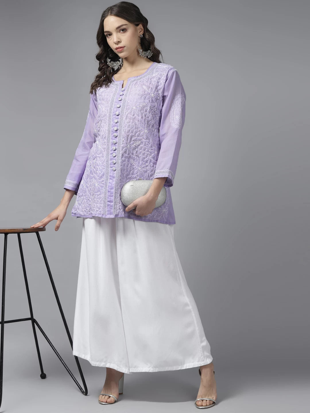 Ada Hand Embroidered Mauve Cotton Lucknowi Chikankari Short Kurti With Zari Work A911197