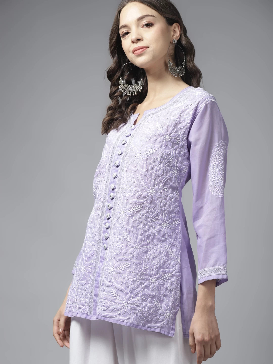 Ada Hand Embroidered Mauve Cotton Lucknowi Chikankari Short Kurti With Zari Work A911197