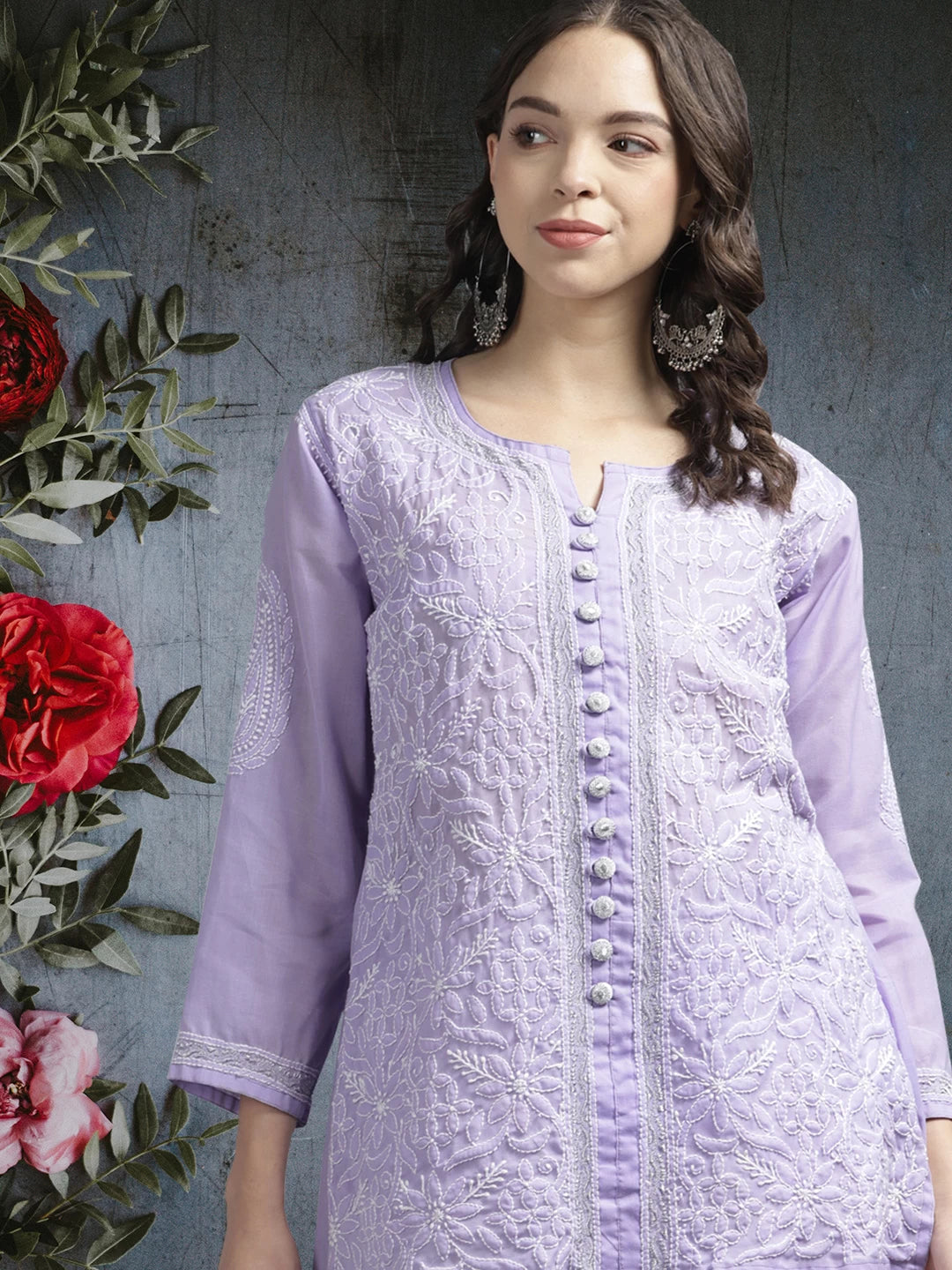 Ada Hand Embroidered Mauve Cotton Lucknowi Chikankari Short Kurti With Zari Work A911197