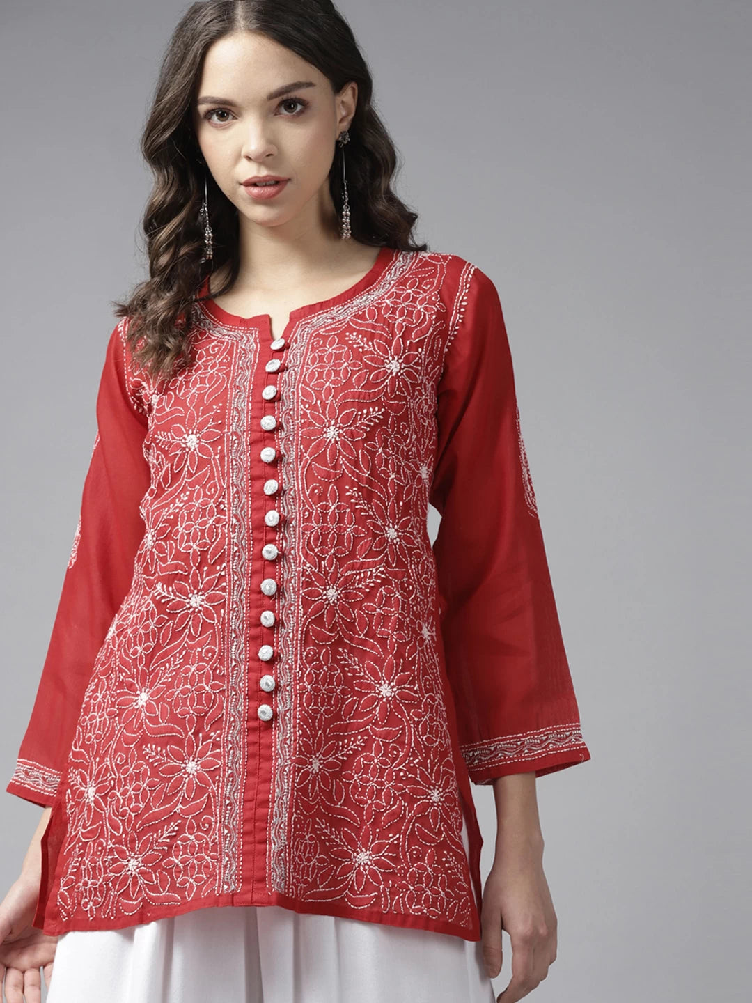 Ada Hand Embroidered Red Cotton Lucknowi Chikankari Kurti With Zari Work A911196