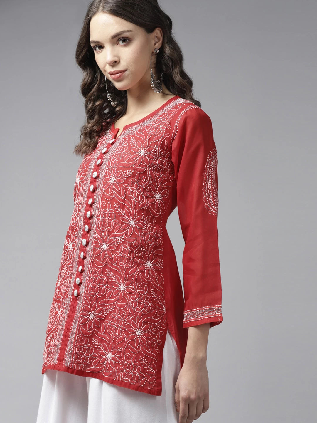 Ada Hand Embroidered Red Cotton Lucknowi Chikankari Kurti With Zari Work A911196