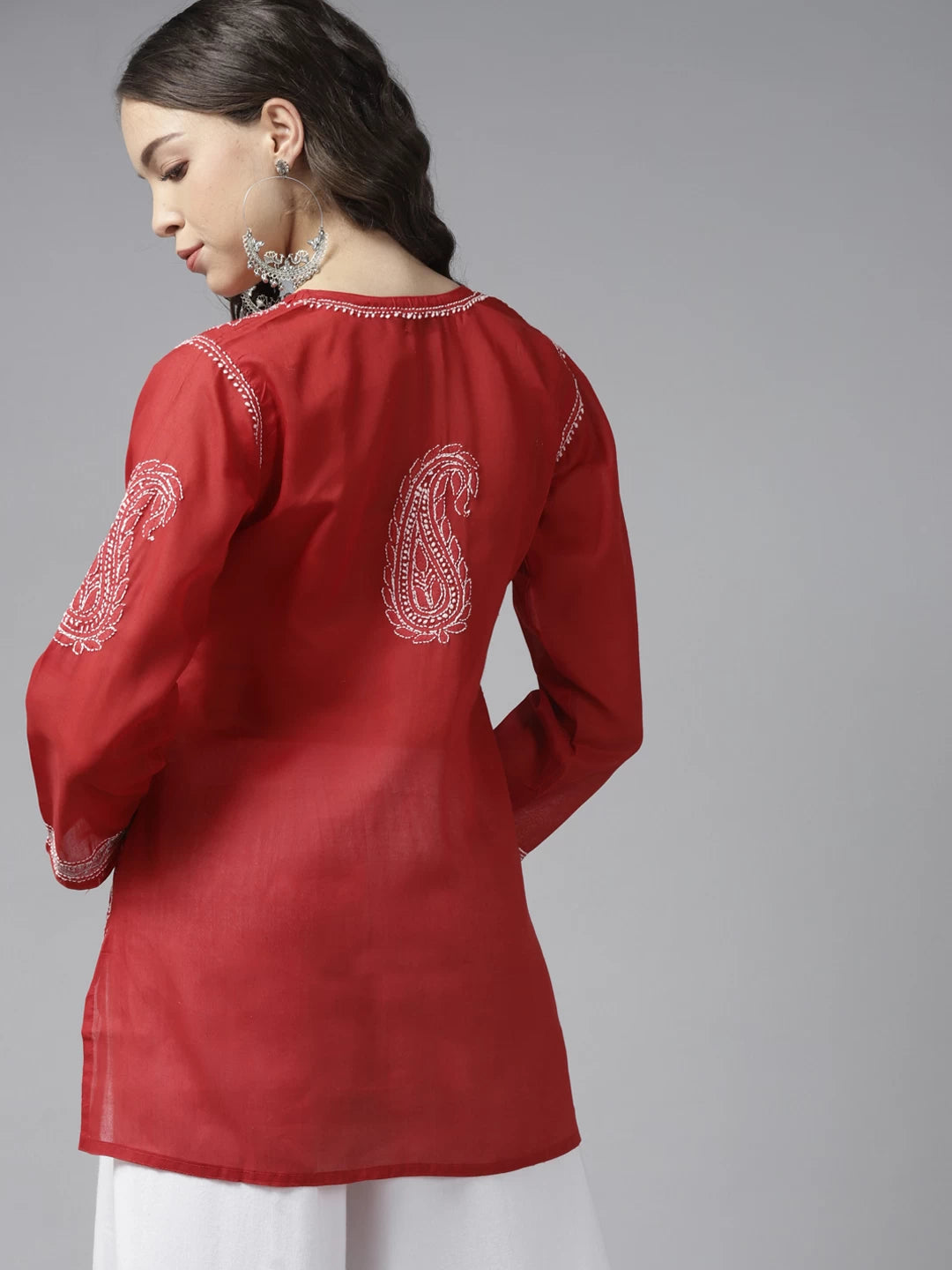 Ada Hand Embroidered Red Cotton Lucknowi Chikankari Kurti With Zari Work A911196