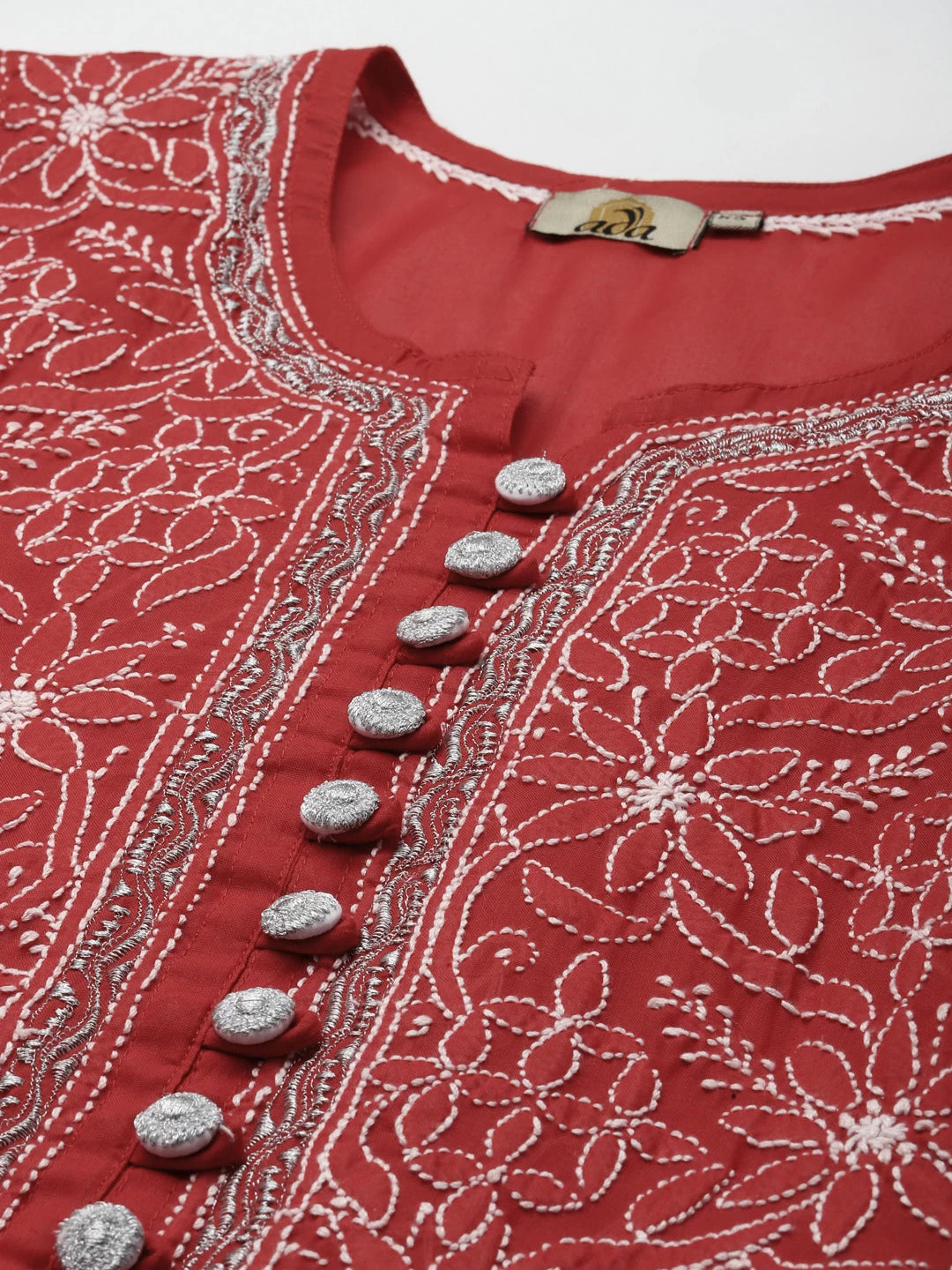 Ada Hand Embroidered Red Cotton Lucknowi Chikankari Kurti With Zari Work A911196