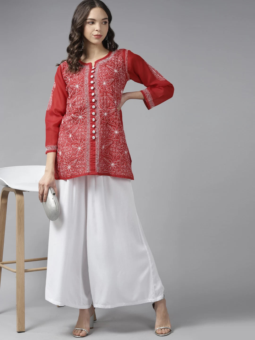Ada Hand Embroidered Red Cotton Lucknowi Chikankari Kurti With Zari Work A911196
