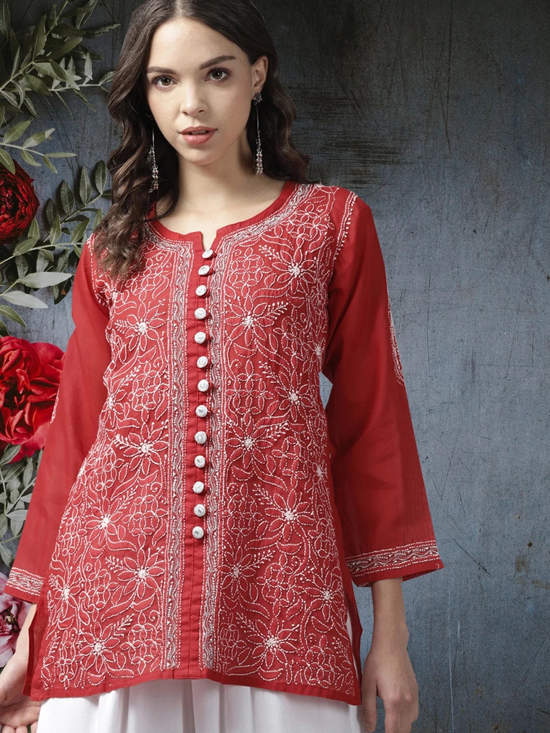 Ada Hand Embroidered Red Cotton Lucknowi Chikankari Kurti With Zari Work A911196