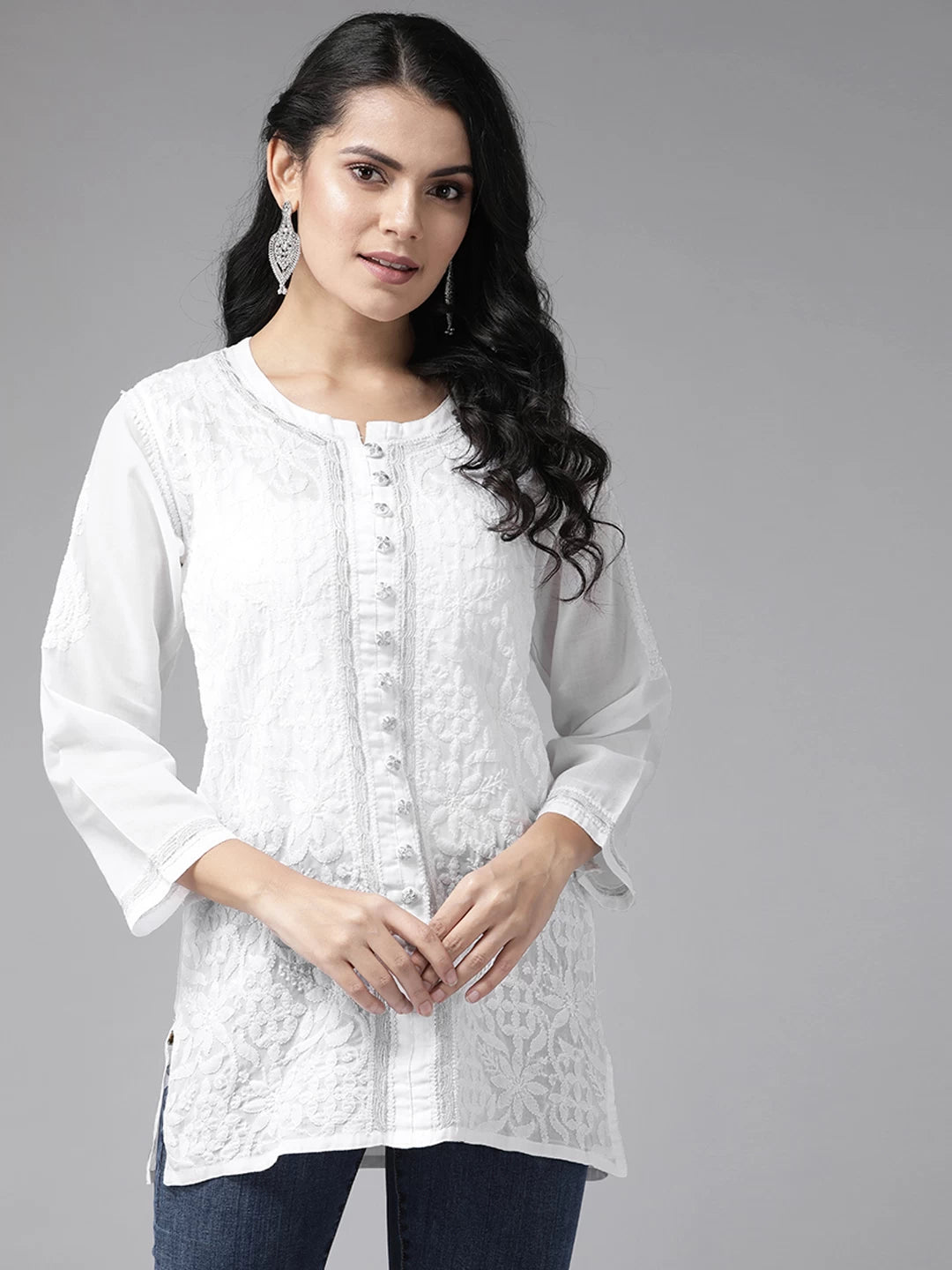 Ada Hand Embroidered White Cotton Lucknowi Chikankari Straight Kurti With Zari Work A178625