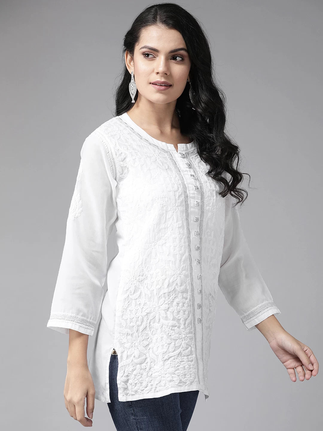 Ada Hand Embroidered White Cotton Lucknowi Chikankari Straight Kurti With Zari Work A178625