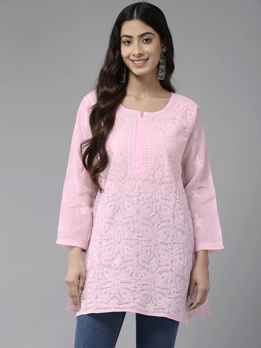 Ada Hand Embroidered Baby Pink Cotton Lucknowi Chikankari Straight Kurti A911308