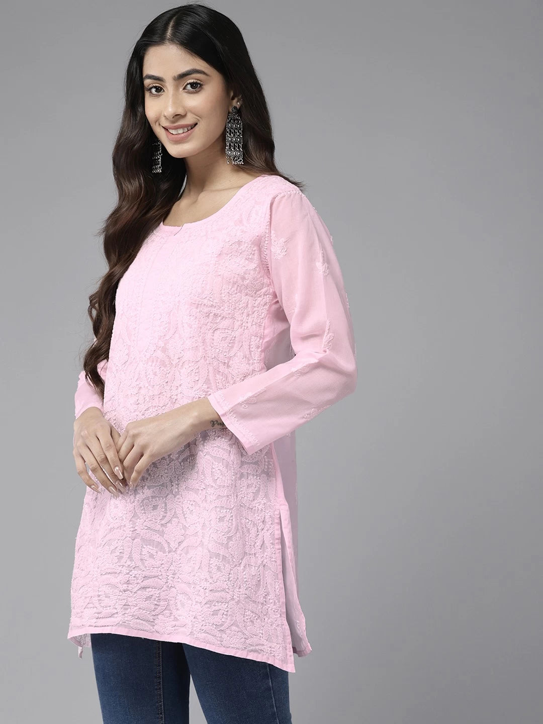 Ada Hand Embroidered Baby Pink Cotton Lucknowi Chikankari Straight Kurti A911308